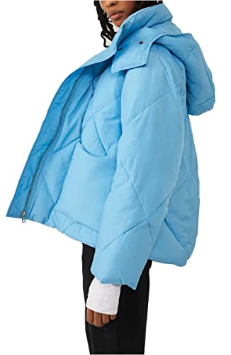Free People Womens Emmy Swing Hooded Puffer Jacket Blue M3