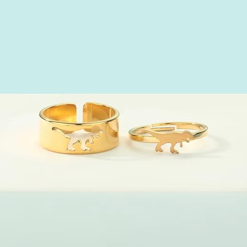 Image of Dinosaur Ring Set | 2 Pcs - Cute Tyrannosaurs & Triceratops Adjustable Couple Friendship Matching Ring, kawaii, cute, animal, cool, Friends, Rex Dinosaur Puzzle Ring (Gold)