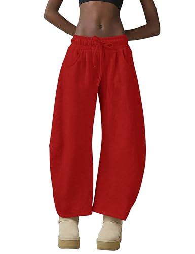 Womens Barrel Leg Sweatpant Mid Rise Elastic Waist Drawstring Casual Baggy Wide Leg Pants with Pockets