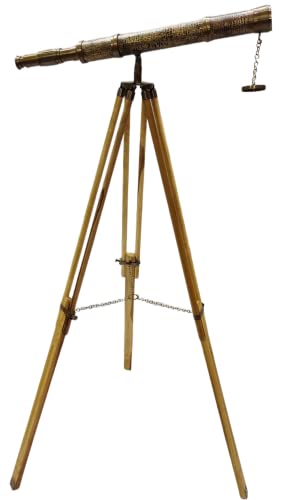 Antique Brass Designer Telescope Wooden Tripod Floor Standing Astro Telescope Brass & Textured Nautical Home Decor