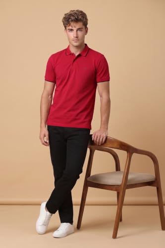 Image of Peter England Men's Snug Fit Solid Polo T-Shirt with Coloured Collar Tipping| Cotton Rich| Premium Pique Weave