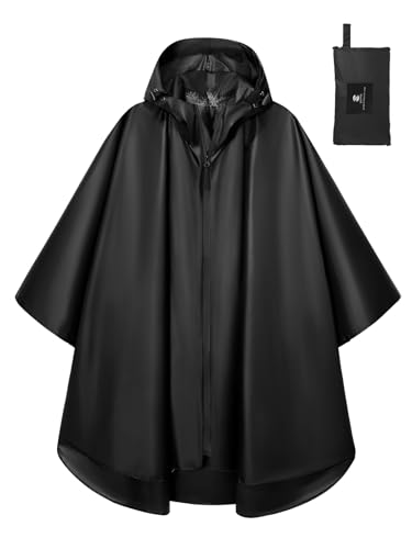 SaphiRose Lightweight Waterproof Rain Poncho for Adults with Hood Portable Rainwear for Outdoor Black