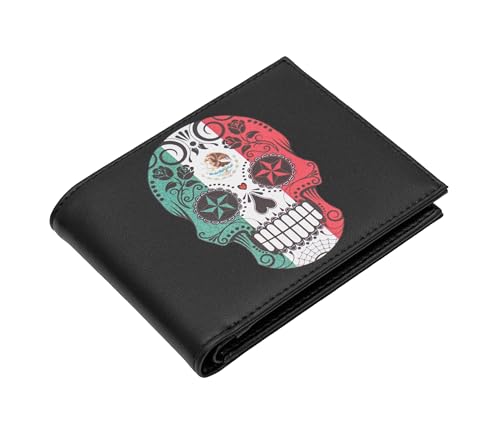 Mens Bifold Exotic Wallet Picture Mexican Flag skull with printed gift box3