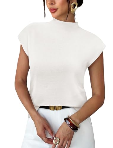 Short Sleeve Sweater for Women Mock Neck Summer Tops Trendy Business Casual Outfits Spring Clothes Office Work Tops Dressy Casual Blouses Ladies Shirts Easter Fashion Clothing White M