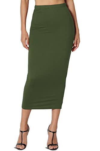 TheMogan Women's High Rise Buttery Soft Lined Mid Calf Bodycon Midi Pencil Skirt Olive S