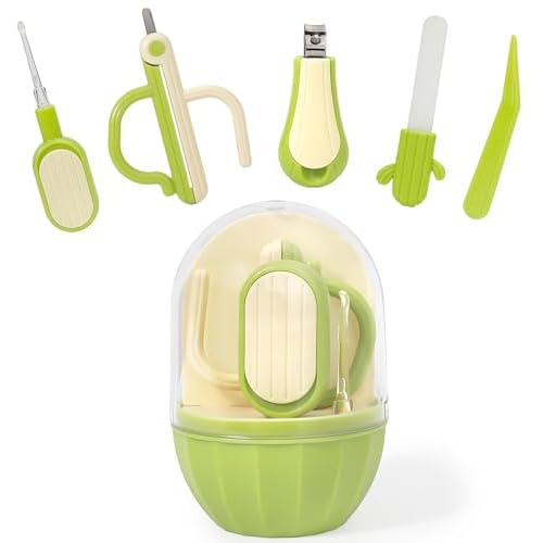 5-in-1 Baby Nail Kit with Storage Case, Cactus Theme Design Including Baby Nail Clippers, Nail Scissors, Nail File, Tweezers & Nose Picker, Newborn Essentials Must Haves for Baby Shower(Green)