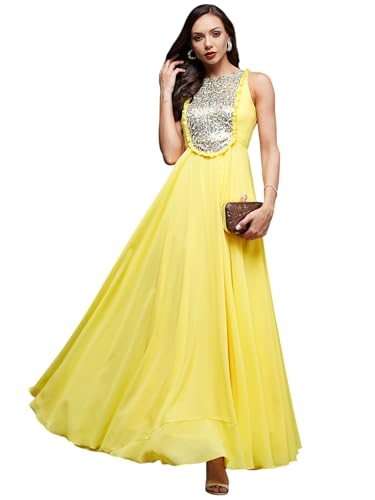 Image of Miss Chase Women's Round Neck Sleeve Embellished Fit Flare Maxi Dress
