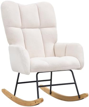 VEVOR Nursery Rocking Chair, 250 lbs Weight Capacity Teddy Fabric Upholstered Glider Rocker Chair with Soft Seat and High Backrest, Nursing Chair for Nursery, Bedroom, Living Room, Ivory White