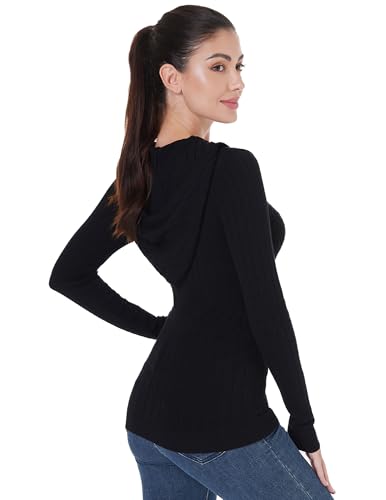 AmélieBoutik Women Hooded Ribbed V Neck Long Sleeve Sweater Cable Knit Top2