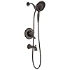 Delta faucet linden 17 series dual function tub and shower trim kit shower faucet with 4 spray in2ition 2 in 1 dual hand held shower head with hose venetian bronze t17493 rb i valve not included  urban country home decor