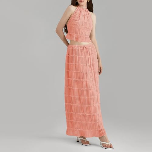Image of Women Y2K Skirt Set Outfits Strapless Crop Top Bodycon Midi Skirt Dress Sexy 2 Piece Knit Outfits Skirt Summer