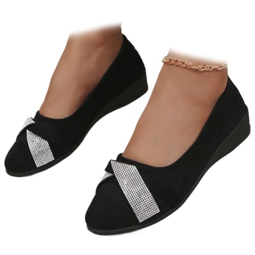 Women's Lightweight Fashion Rhinestone Wedge Shoes, Comfortable Orthopedic Wide Fit Dressy Ballet Flats Sparkly Wedding Party Evening Low Heel Pumps (4,Black)