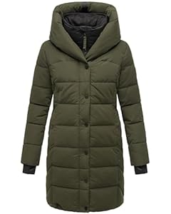 Navahoo Damen Wintermantel warmer Steppmantel lang mit Kapuze und abnehmbarem Fleece-Kragen Knutschilein Dark Olive Gr. M