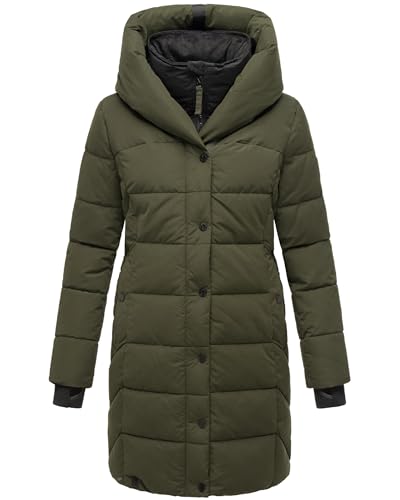 Navahoo Damen Wintermantel warmer Steppmantel lang mit Kapuze und abnehmbarem Fleece-Kragen Knutschilein Dark Olive Gr. XL