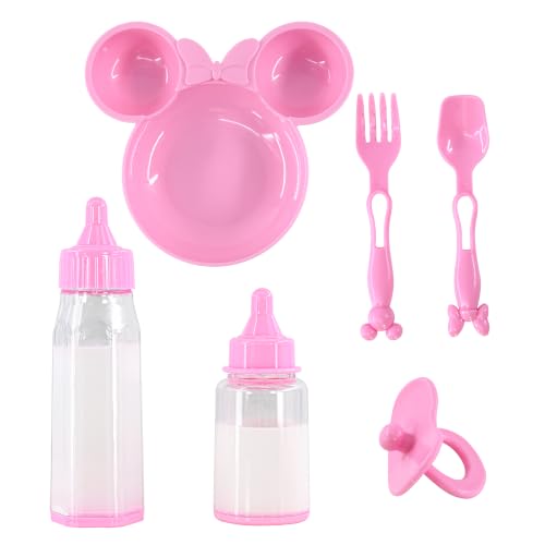 BiBi Doll 6 Pc Baby Doll Feeding Set with 2 Magic Milk Bottles Pink Plate Dummy & Utensils - Pretend Play Toy Accessories & Playset for Kids Boys & Girls Ages 3+