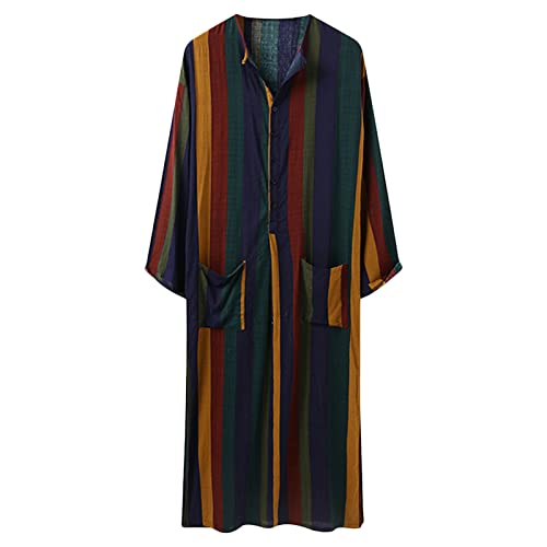 Maiyifu-GJ Men's Striped Muslim Dresses Robe Long Sleeve V Neck Side Split Kaftan Thobe Button Up Long Gown Henley Shirts