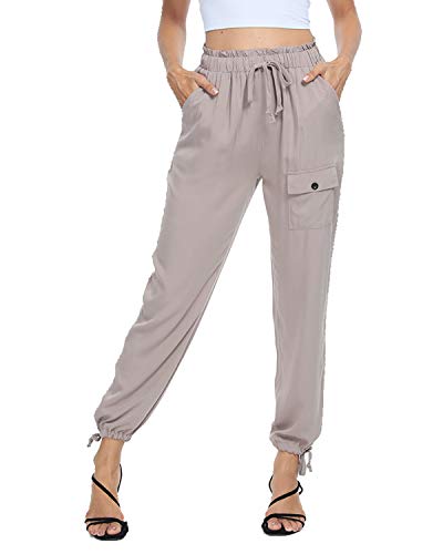 andy & natalie Women\'s Elastic Waist Pants Drawstring Cargo Paper Bag Pockets Ankle Tie Jogger Sweatpants Trouser Khaki