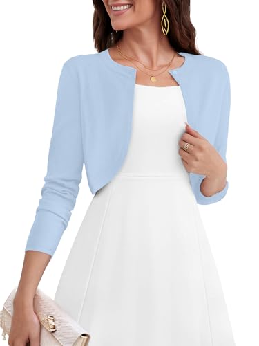 Moodclo Women's Cropped Cardigan Sweater Light Blue Large Curved Hem Long Sleeve Knit Bolero Open Front Shrug for Dresses Fashion Shawl