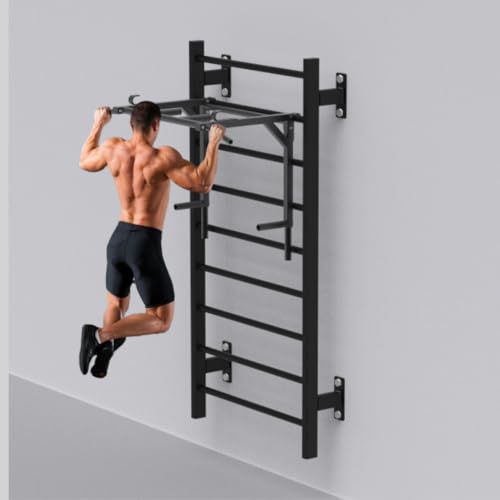 Image of Flat Swedish Ladder with Multi Purpose Bar Heavy Duty Powder Coated Metal Wall Mounted Ladder & Bar for Yoga Physiotherapists Calisthenics & Gymnastics (BLACK, 37KG)