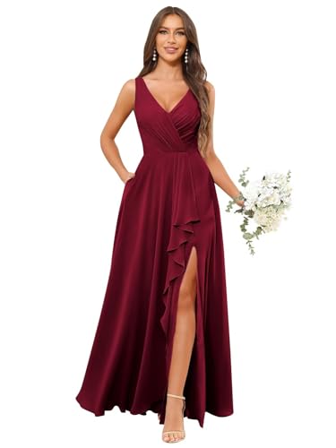 Image of HANVAIOS Long Chiffon V Neck Bridesmaid Dresses for Women Formal Dress with Pocket