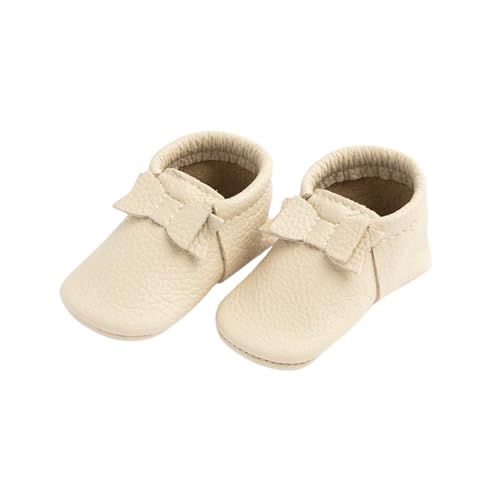 Freshly Picked First Pair Bow Baby Girl Shoes 6-12 Months - Leather Baby Moccasins (Cream, 2)