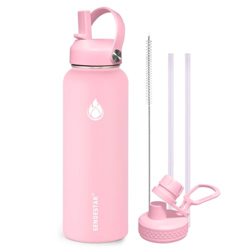 Image of SENDESTAR Stainless Steel Water Bottle, Wide Mouth Water Bottle 32 oz with Straw Lid, Spout Lid, Double Wall Vacuum Insulated Leak Proof, Keeps Liquids Hot or Cold (Peach)