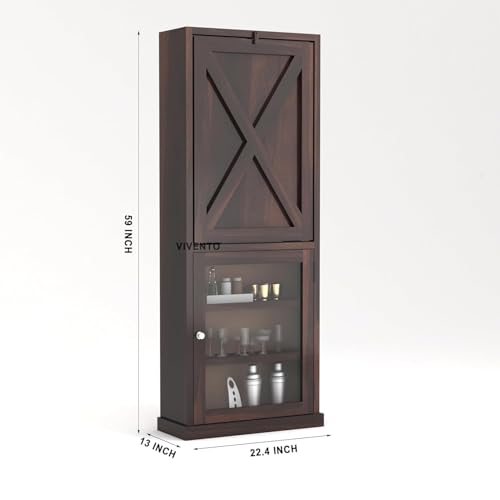 Image of SUNCOM Solid Sheesham Wooden Bar Cabinet for Home - Wooden Wine Rack for Home Bar - Foldable Modern Bar with Shelves & Glass Door Storage (Walnut)