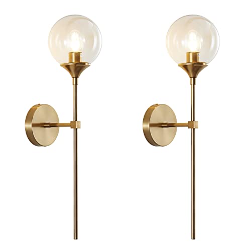 Image of BOKT Brass Gold Wall Sconce Lighting Set of 2 Mid Century Modern Long Globe Wall Sconce Light Set of Two Amber Glass Bathroom Vanity Light Fixture Bedroom Wall Lamp (Amber)