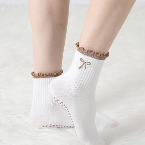 Image of Jeyiour Summer Cute Pilates Socks Women Bow Nonslip Ruffle Yoga Socks with Grip Barre Pilates Gift for Work Dance Fitness