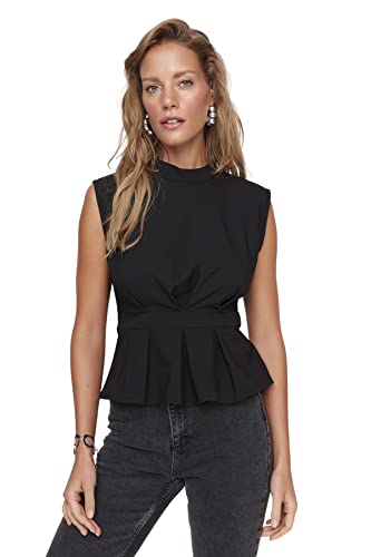 Trendyol Damen Woman Basic Slim A-line Crew Neck Woven Blouse Hemd, Black, 40