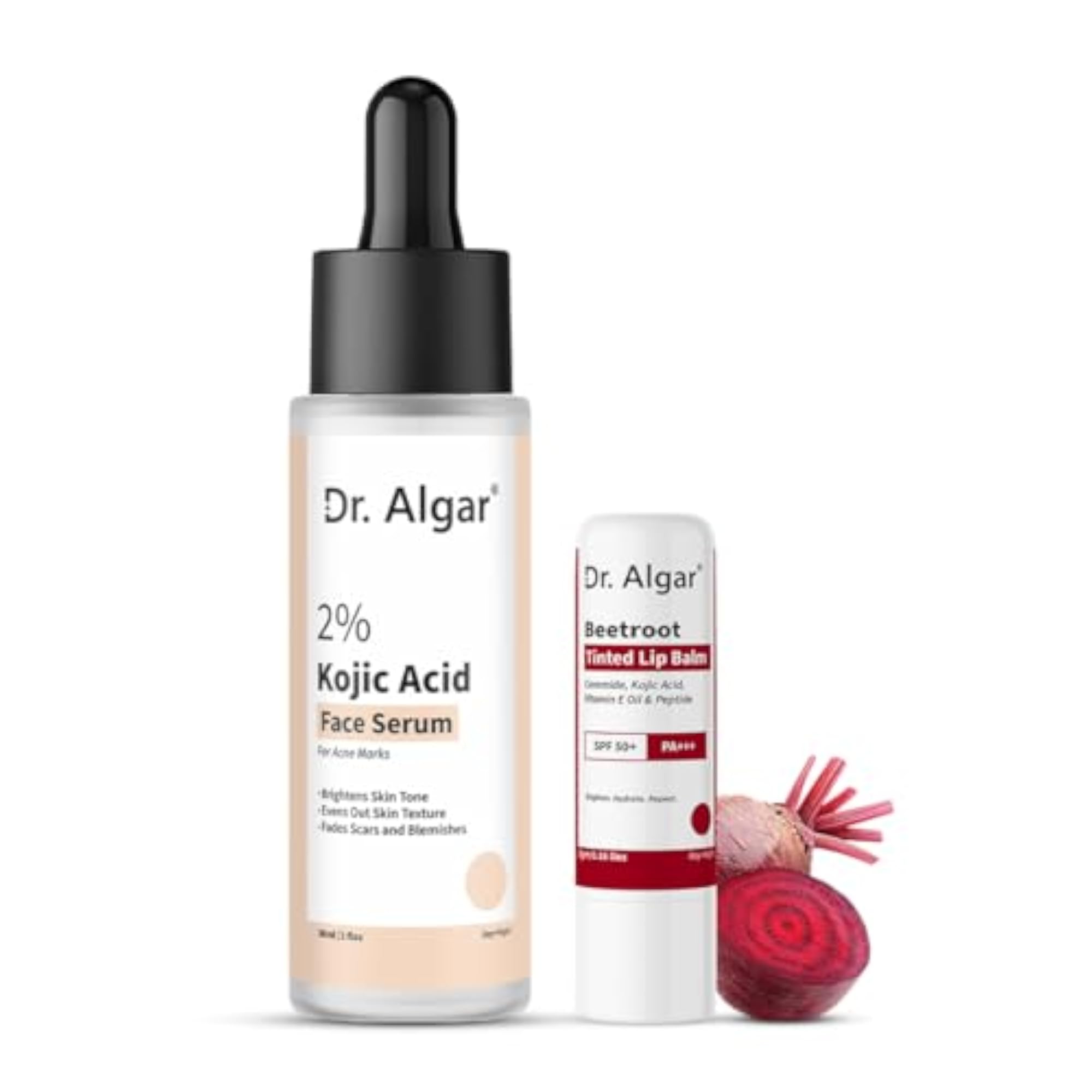 Kojic Acid Face Serum and Beetroot Lip Balm, Brightening Set