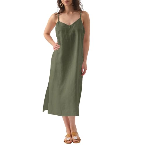 Image of Amazhiyu Women's Pure Linen Summer Midi Split Slip Dress | V Neck, Spaghetti Strap, with Pockets