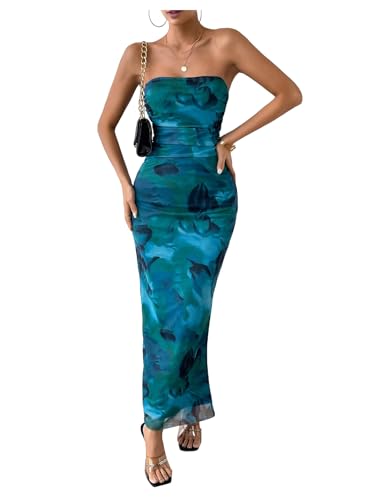 Image of GORGLITTER Women's Floral Strapless Bodycon Wedding Guest Dress Vacation Summer Birthday Tropical Maxi Long Sun Dresses