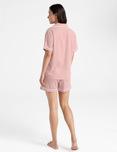 Image of Womens Muslin Pajama Set 100% Cotton Double Gauze Linen Like | Breathable Soft Comfort Button Up Loungewear Sleepwear PJ Set