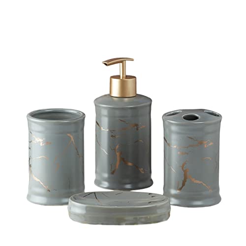 Image of SaSaSa Ceramic Bathroom Accessories Set of 4 Modern Bath Set with Soap Dispenser & Toothbrush Holder, Luxury Home & Gift Idea, Grey /Gold (8227)