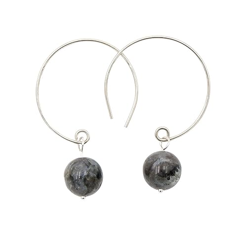 Black Moonstone Sterling Silver Hoop Earrings - Handmade June Birthstone Earrings - Natural Larvikite Stone - Bridal Earrings - Bridesmaid Earrings - Wedding Jewelry - Black & Grey Earrings Women