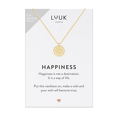 LUUK LIFESTYLE Collar de Plata de Ley con Colgante de Mandala y Tarjeta Mensaje Happiness, joyería de Moda para Chica y Mujer, Regalo para San Valentín, cumpleaños, Aniversario, Dorado