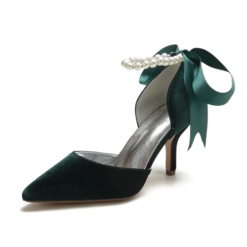 Womens Velvet Pointed Toe High Heel Pumps Comfort Kitten Heels for Bride Pearls Prom Evening Party Dress Shoes