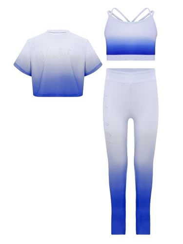 YiZYiF Kids Girls Gradient Sports Dance Outfit Shortsleeve Cropped Tshirt Vest And Leggings Set