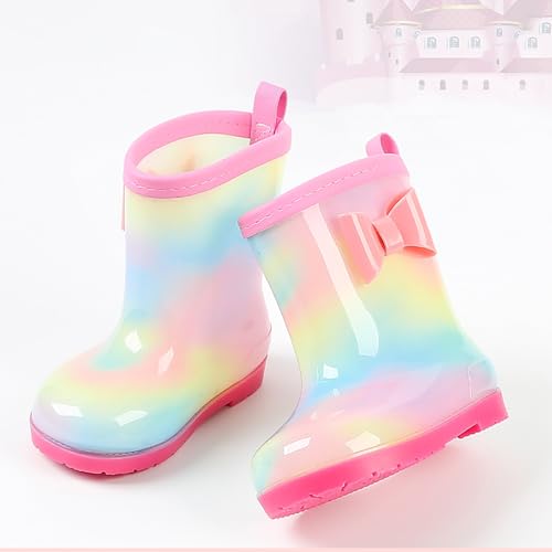 Mnplciea Winter Rainbow Toddler Rain Boots Girls Rain Boots with Warm Lining, Kids Bow Waterproof Boots2