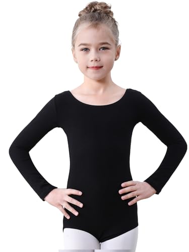 Soudittur Ballettanzug Mädchen Langarm, Kinder Ballett Trikot Baumwolle Ballett Body TanzBody Gymnastikanzug Turnanzug für Damen Größe 110-170 (Schwarz, 150)