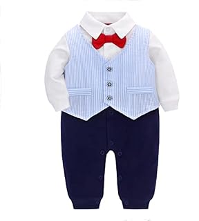 famuka Baby Boy Romper Infant Gentleman Suit Set with Waistcoat Toddler Cotton Bodysuit