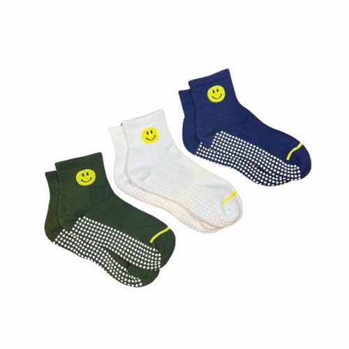 Smiley Grip Socks 3-Pack – Cushioned for Pilates, Studio, Non-Slip Ankle Socks, Happy Face Design, Blue, Green, White2