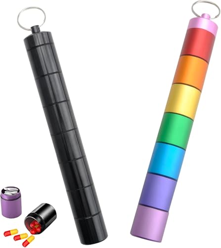 Tablettenbox 7 Tage, 2 Pack Pillendose 7 Tage, Regenbogen Medikamentenbox Freier Kombination, Aluminium Tragbare Pillenbox, Wasserdichte Feuchtigkeitsbeständiger für Unterwegs Outdoor Camping Multi