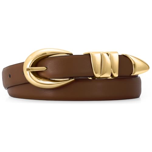 JASGOOD Women's Skinny Leather Belt for Jeans Pants Dresses Ladies Fashion Thin Waist Belt with Shiny Gold Buckle, Coffee, Fit Waist Size 25"-30"