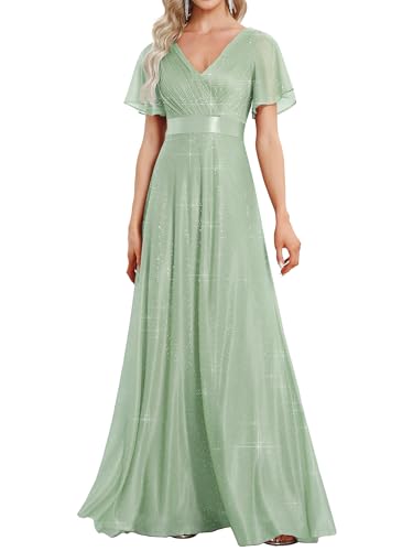 Ever-Pretty Langes Abendkleid, Tüll, Plissee, Damen, kurzärmlig, V-Ausschnitt, A-Linie, Empire-Taille, glänzend, elegant, EE50159, Minzgrün, 44