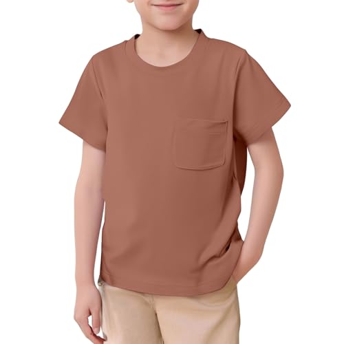 Camisetas para chicos con función unisex para niños y niñas, básica, manga corta, monocolor, camiseta de cuello redondo, camiseta para adolescentes, café, 8-9 años