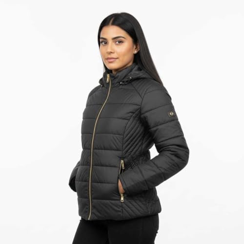 Image of Women's Nylon Puffer Jacket for Winter | Lightweight Warm Quilted Outerwear with Hood | Front Zipper Closure & Secure Pockets | Wind-Resistant Casual Jacket for Women