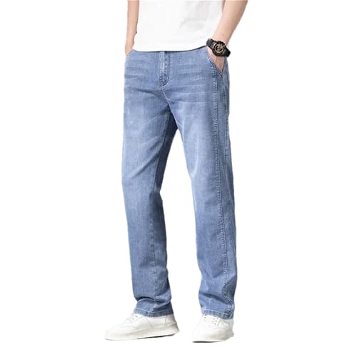 Hndudnff Men's Summer Loose Thin Jeans Elastic Waist Stretch Straight Business Casual Denim Long Pants