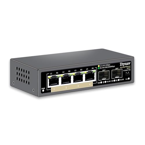 Image of 6 Port Unmanaged 2.5G Ethernet Switch with 4 x 2.5G RJ-45 Base-T Ports, 2 x 10G SFP+, Ports Speed Auto-Negotiation-100 /1000 /2500Mbps, One-Key VLAN, Plug & Play, Fanless & Metal